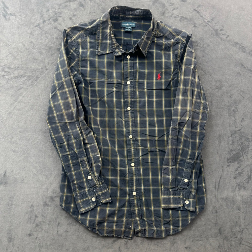 Ralph Lauren Boys XL 18-20 Plaid Button Down Shirt Navy Blue Yellow Red Pony